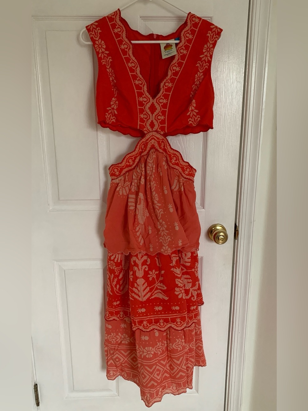 FARM Rio Red and Coral Embroidered Tiered Maxi Dress
